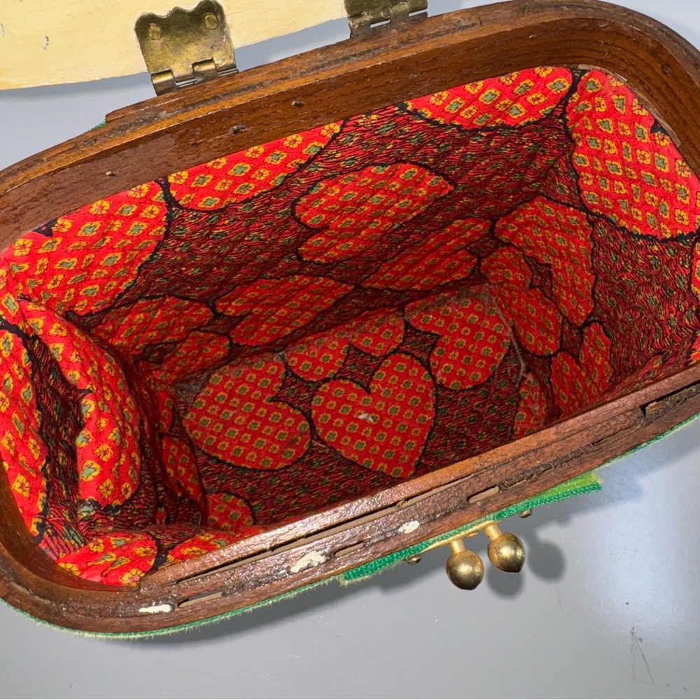 Vintage Wood Wicker Weaved Basket Purse Handed Painted Signed Apples - Picture 11 of 11